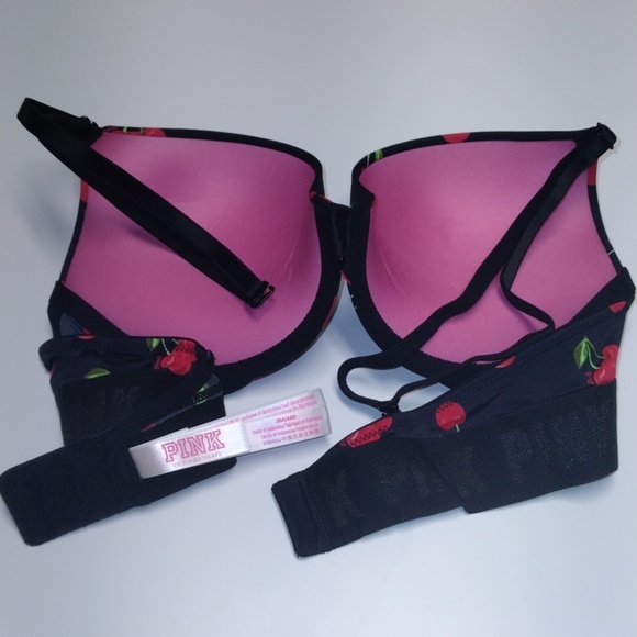 PINK Victoria's Secret PushUp Bra 36A Cherry Print - Black and Red - Picture 14 of 15